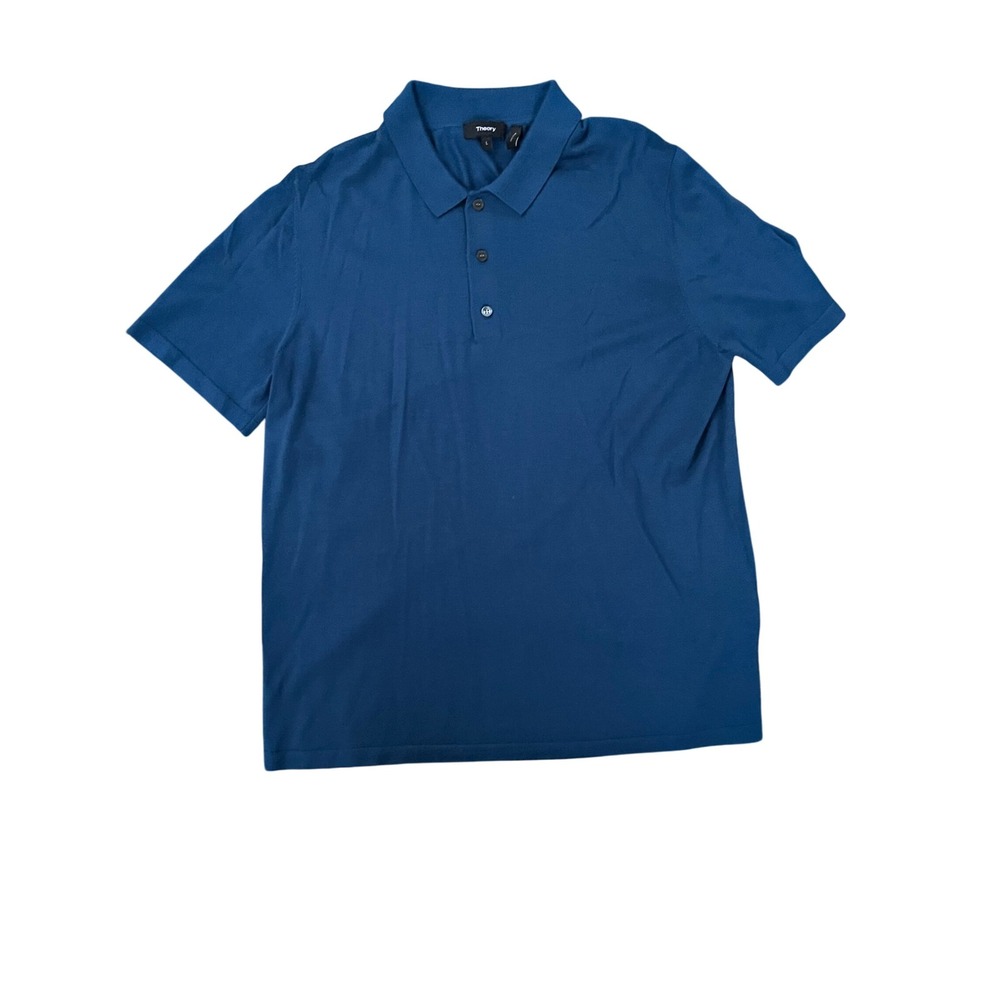 Theory Men's‎ Blue Knit Wool Polo Shirt Size L Short Sleeve Button Up Casual